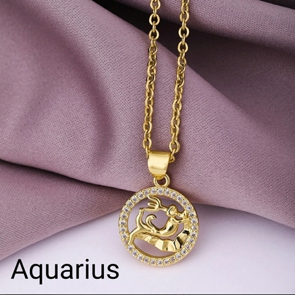 Jan/Feb Birthday Aquarius Necklace Inlaid Zircon Gold Plated Stainless Steel - Picture 14 of 15